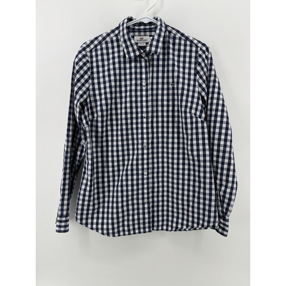 Vineyard Vines Women's Sz 10 blue white gingham button up shirt preppy